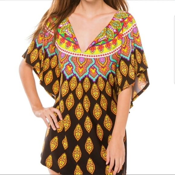 Trina Turk Moroccan Medallion Swim Beach Tunic Cover Up Kaftan Black Size XS - Picture 1 of 8